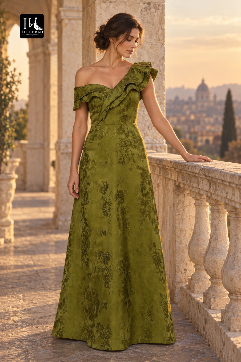 Sleeveless A-Line Mother of the Bride Dress with Asymmetrical Neckline and Jacquard Satin Fabric