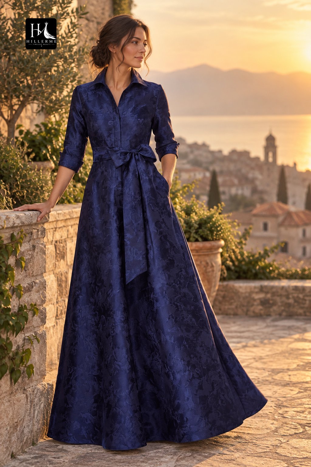 Collared Half-Sleeve Floor-Length Jacquard Satin Pleated A-Line Mother of the Bride Dress