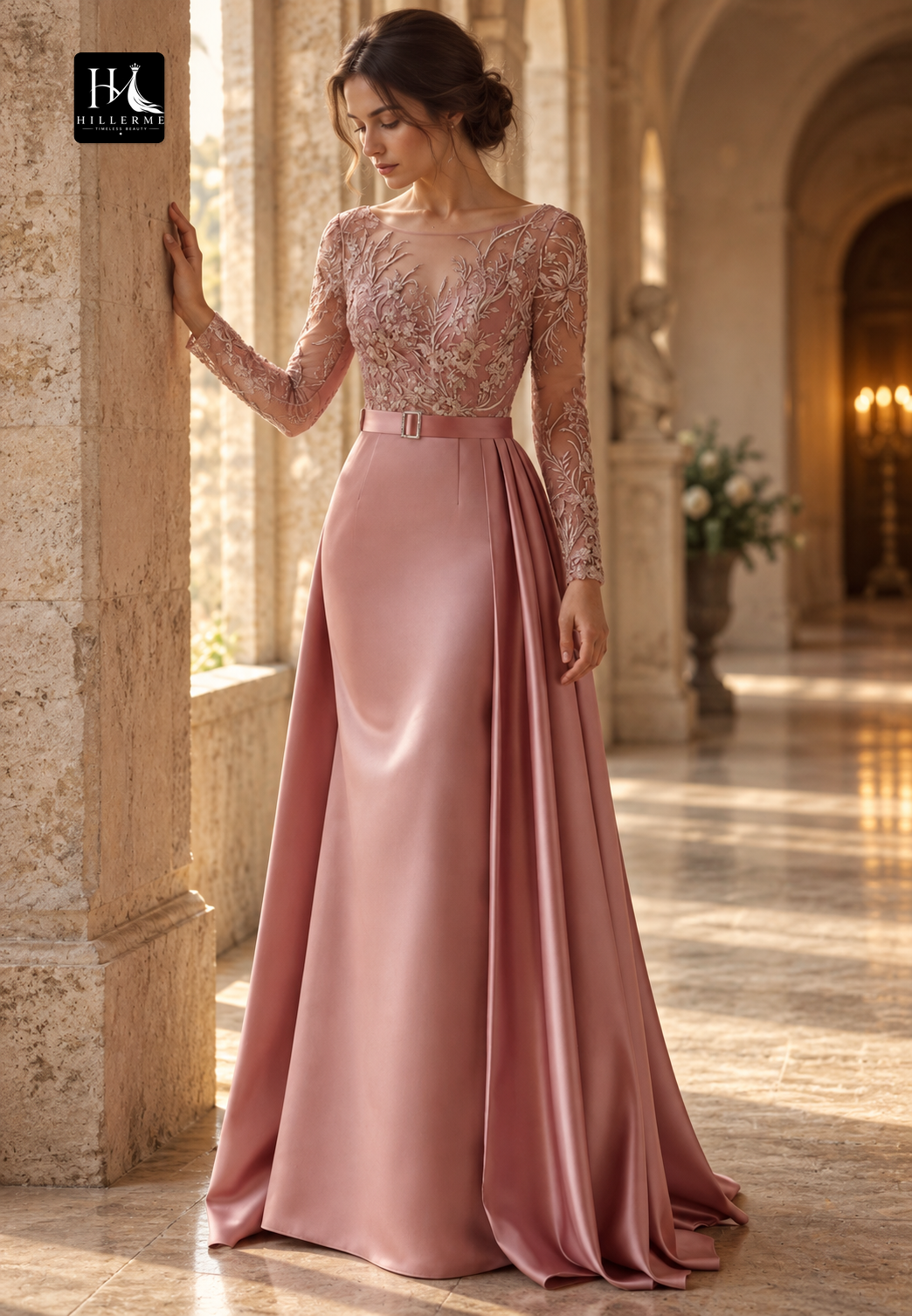 Scoop-Neck Beaded Applique Satin & Tulle Mermaid Mother of the Bride Dress with Long Sleeves