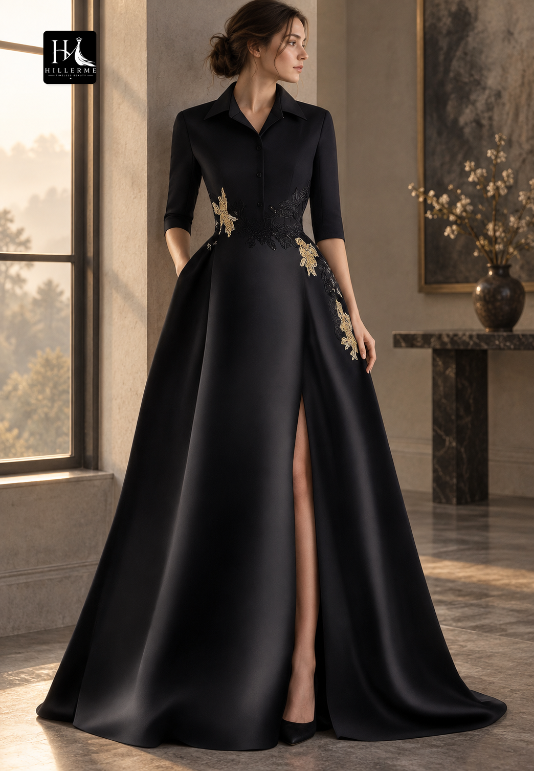 Strapless Half-Sleeve Floor-Length Satin Gown with Sequined Appliqués and High Slit for Mother of the Bride