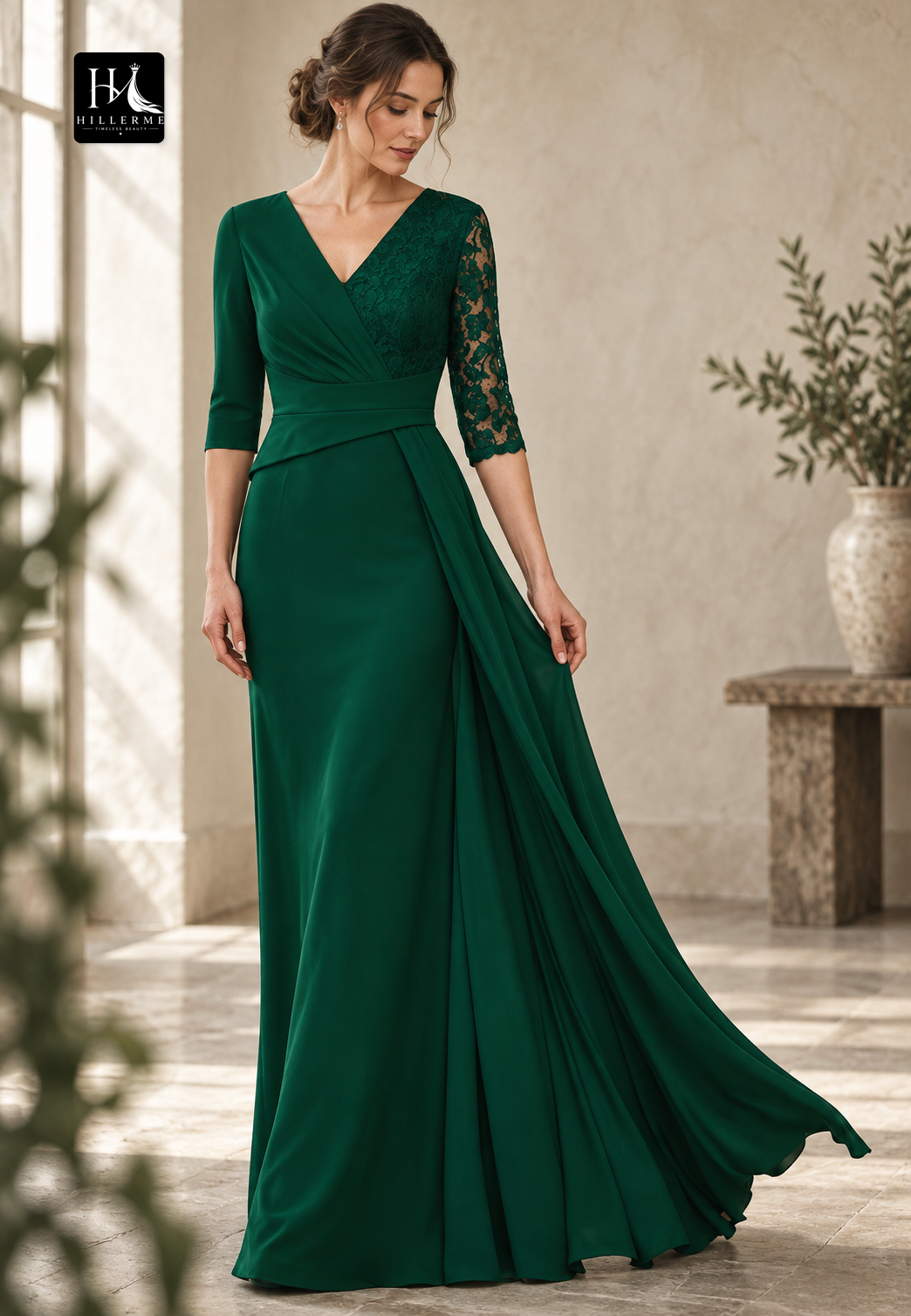Strapless V-Neck Mermaid Mother of the Bride Gown with Appliqué and Pleated Chiffon