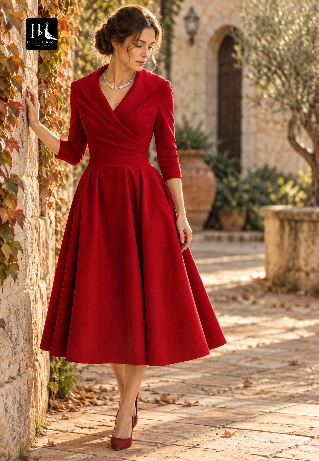 Collared V-Neck 3/4-Sleeve Knee-Length Satin Pleated A-Line Mother of the Bride Dress
