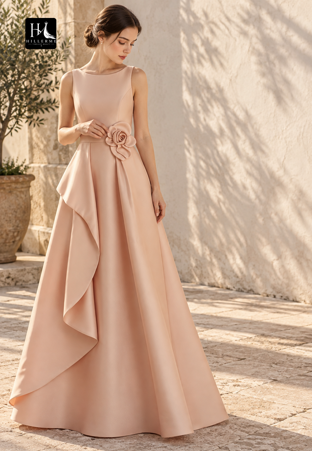 Scoop-Neck Straps Sleeveless Floor-Length 3D Floral Satin Pleated A-Line Mother of the Bride Dress