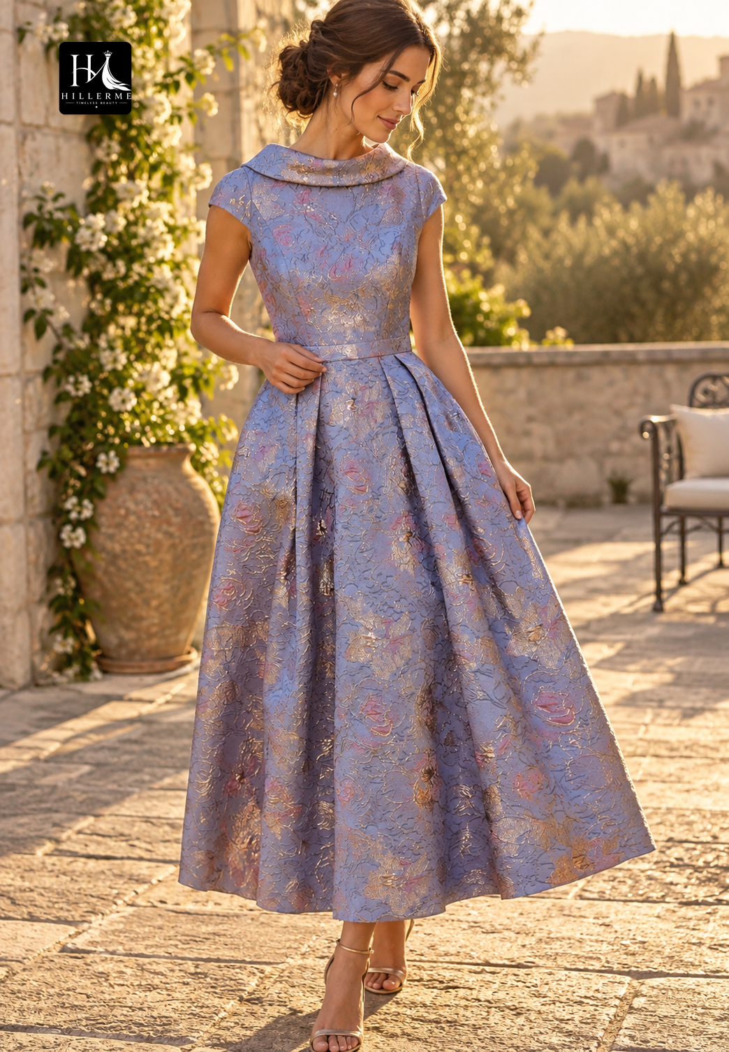 Scoop-Neck Cap-Sleeve Ankle-Length Jacquard Satin A-Line Mother of the Bride Dress