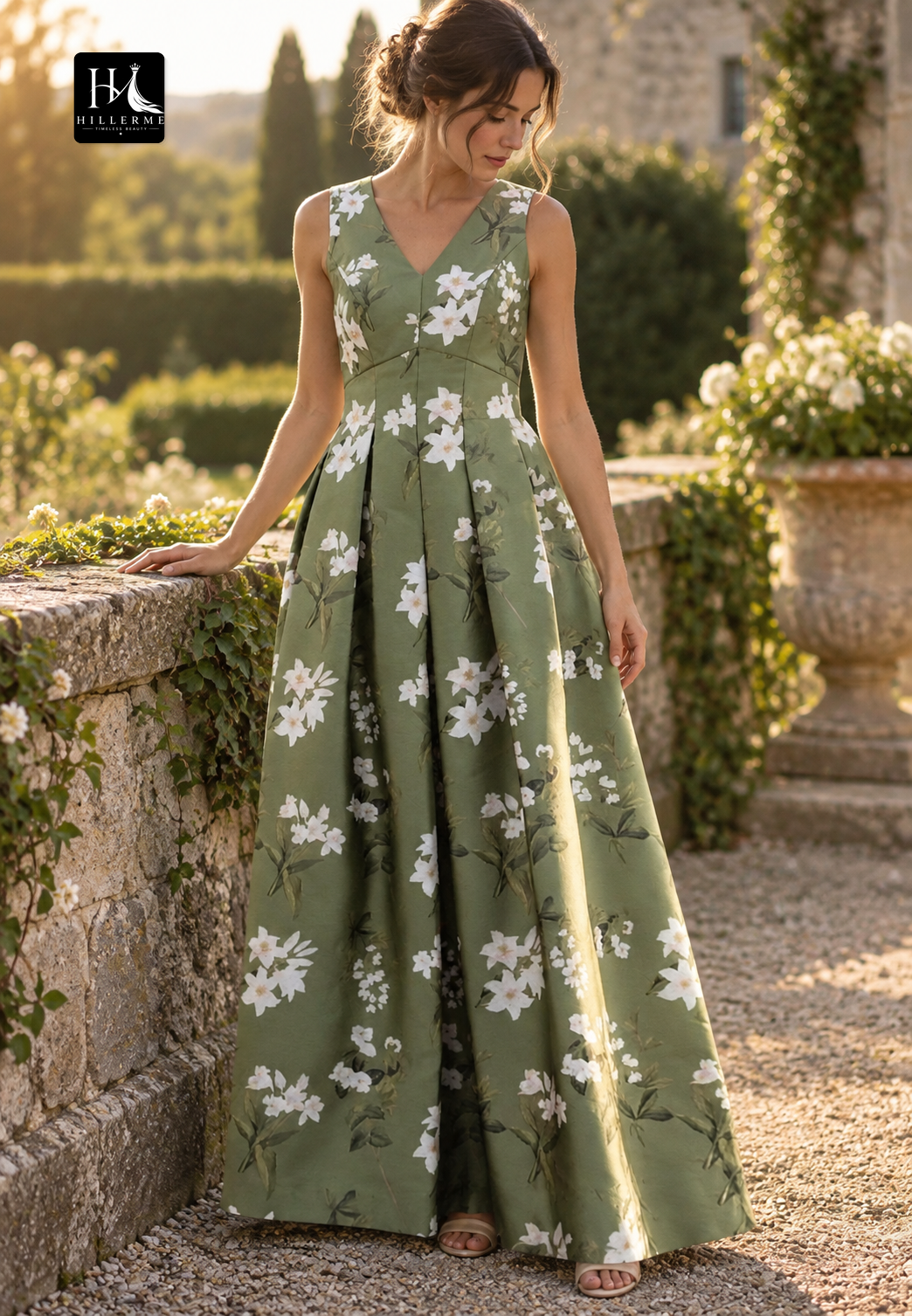 V-Neck Straps Sleeveless Print Satin Pleated Floor-Length A-Line Mother of the Bride Dress