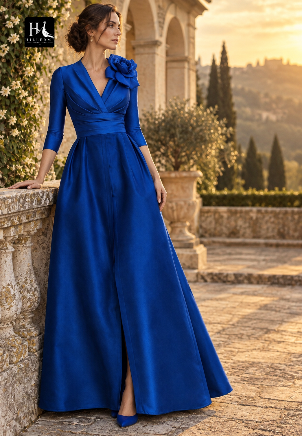 V-Neck 3/4-Sleeve Floral-Embellished Satin Pleated A-Line Mother of the Bride Dress