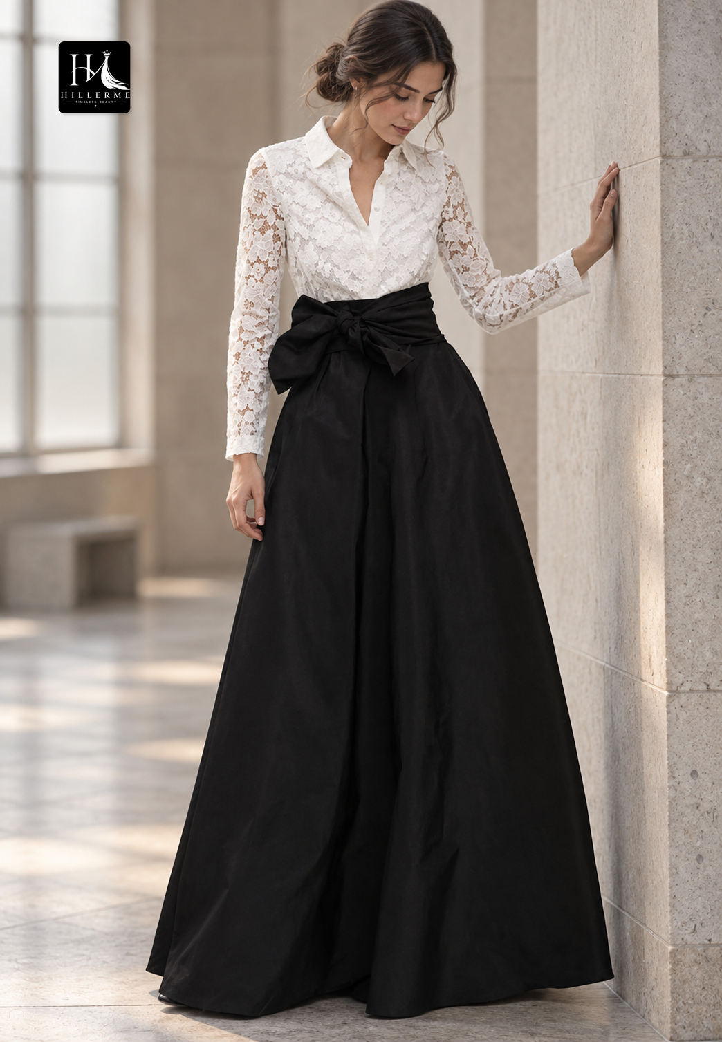 Two-Tone A-Line Long-Sleeve Lace and Satin Mother of the Bride Dress with High Slit