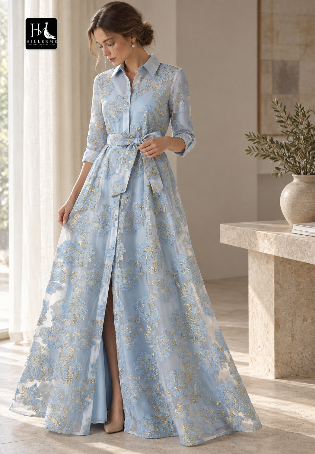 Structured Collar 3/4-Sleeve Jacquard Chiffon A-Line Mother of the Bride Dress with High Slit