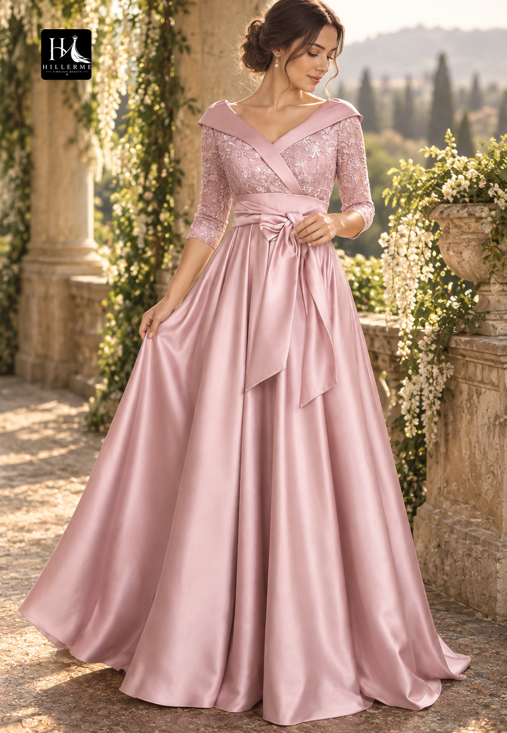 Satin Sequined Appliqué A-Line Mother of the Bride Dress with V-Neck and 3/4 Sleeves
