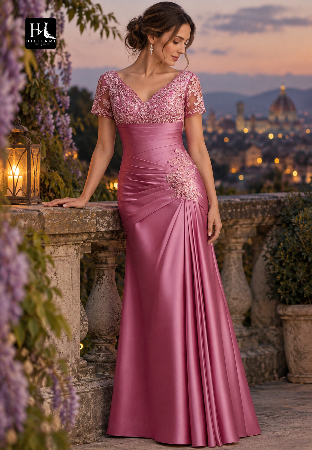 V-Neck Short-Sleeve Beaded Sequined Applique Satin Mermaid Mother of the Bride Dress