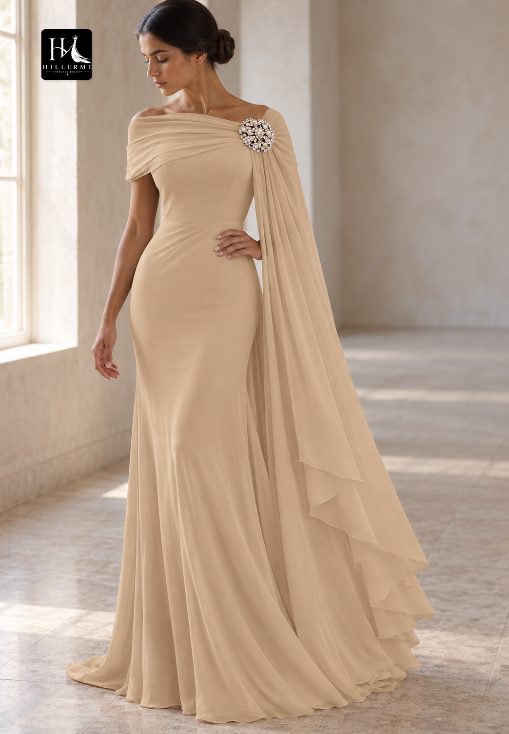 Asymmetrical-Neck Sleeveless Beaded Chiffon Pleated Mermaid Mother of the Bride Dress