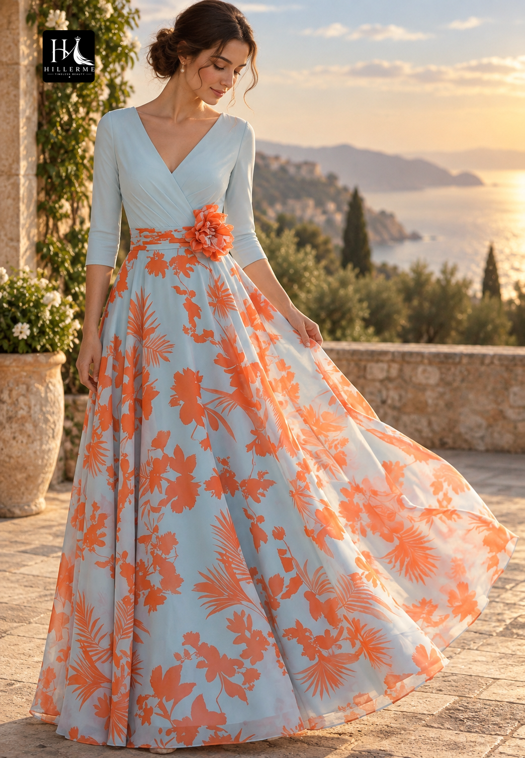 V-Neck 3/4-Sleeve Floral-Embellished Chiffon Pleated A-Line Mother of the Bride Dress