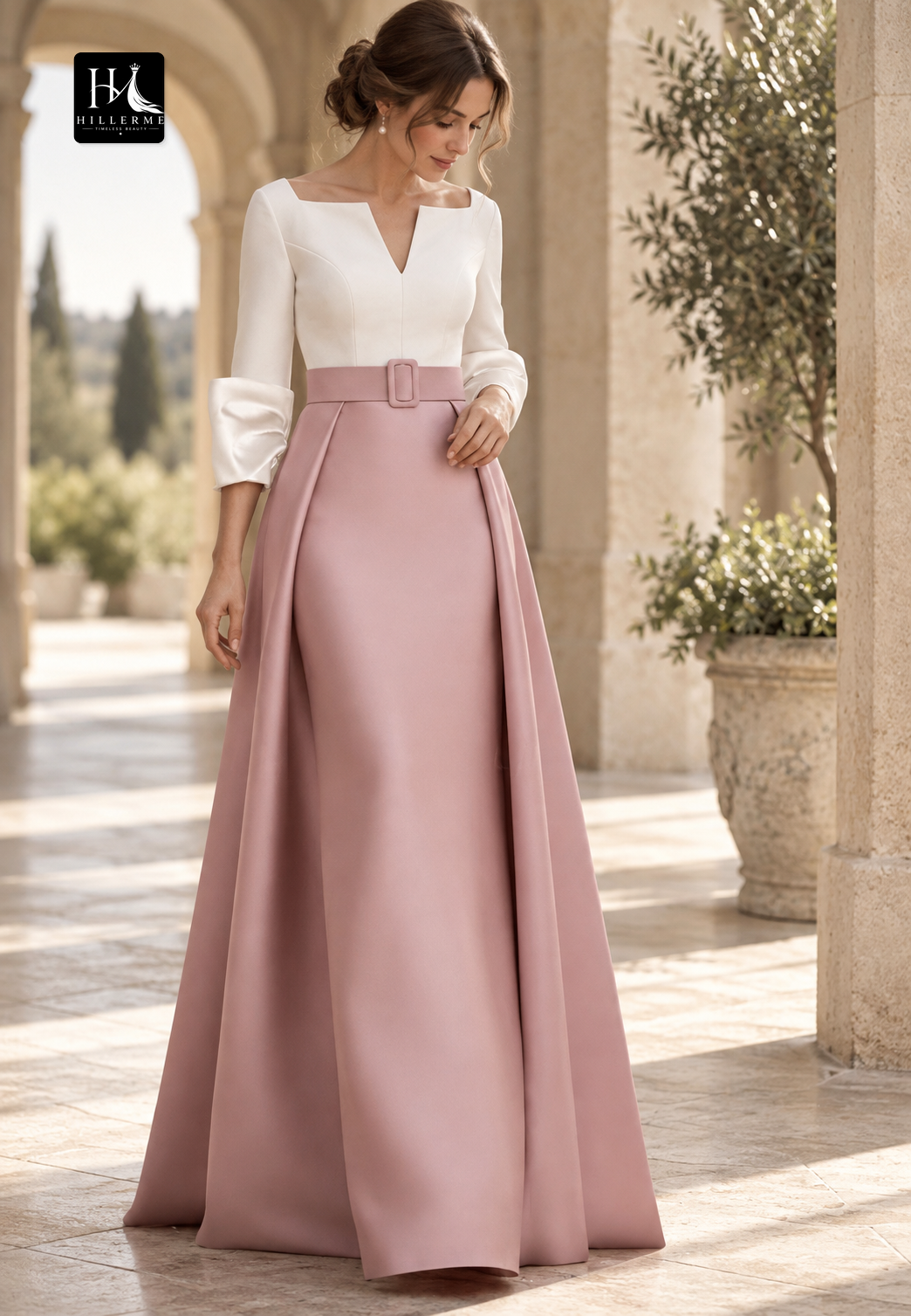 Strapless V-Neck 3/4-Sleeve Two-Tone Satin Floor-Length Mermaid Mother of the Bride Dress