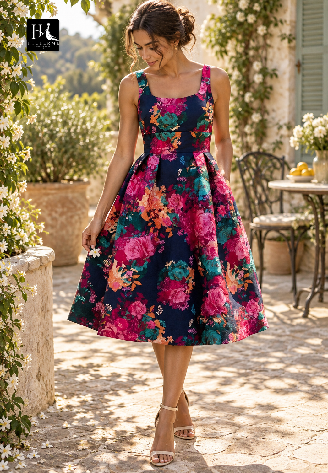 Square-Neck Sleeveless Sequined Print-Satin Tea-Length A-Line Mother of the Bride Dress