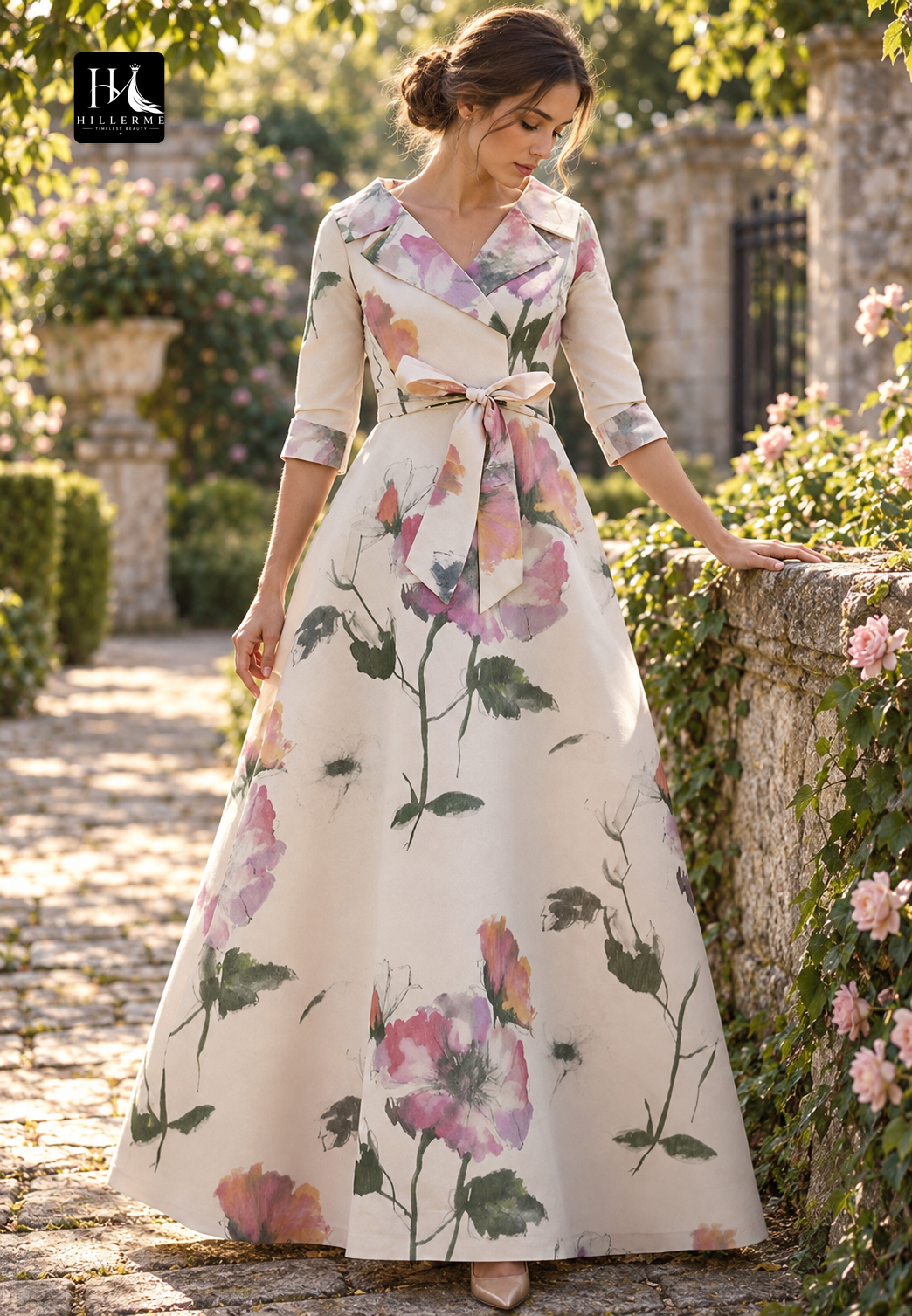 V-Neck Half-Sleeve Print Satin Floor-Length A-Line Mother of the Bride Dress