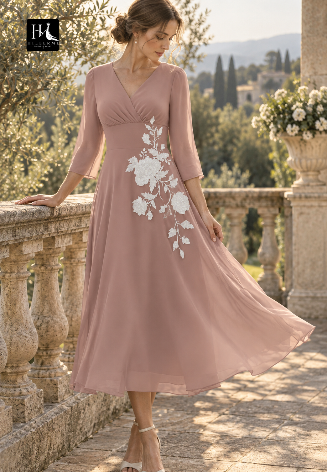 V-Neck 3/4-Sleeve Appliqué Chiffon Pleated Ankle-Length A-Line Mother of the Bride Dress