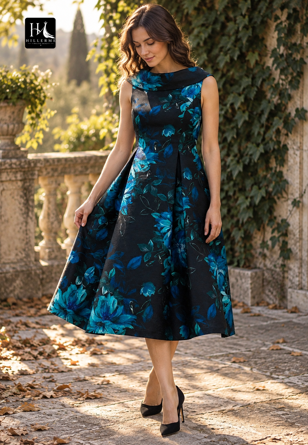 Sleeveless A-Line Mother of the Bride Dress with Scoop Neck, Collar Detail, and Pleated Print Satin Skirt