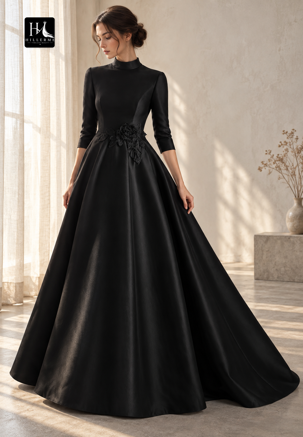 High-Neck 3/4-Sleeve Floral-Embellished Satin Floor-Length A-Line Mother of the Bride Dress
