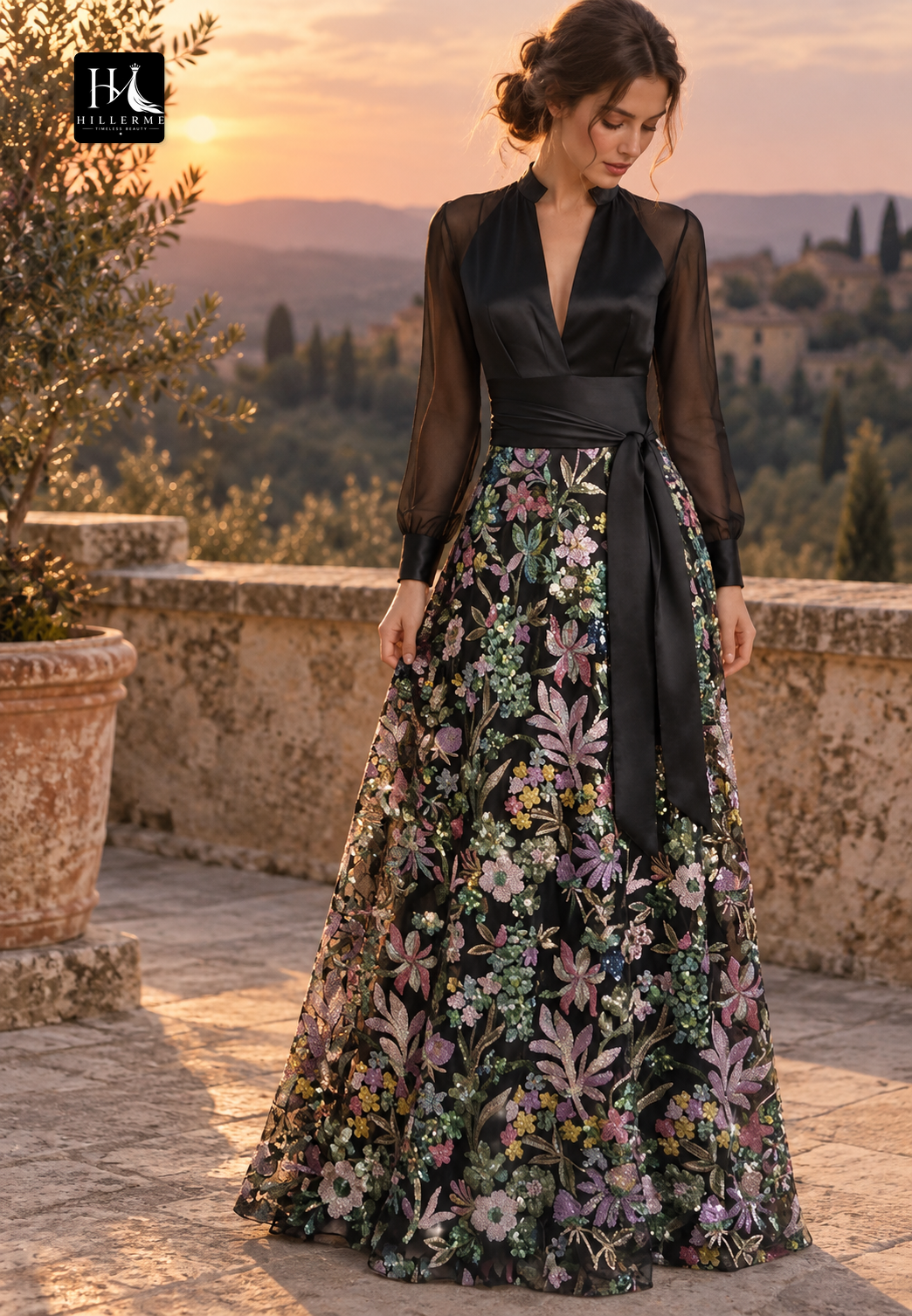 Strapless Deep V-Neck Long-Sleeve Multi-Color Sequined Appliqué Fitted Mother of the Bride Dress