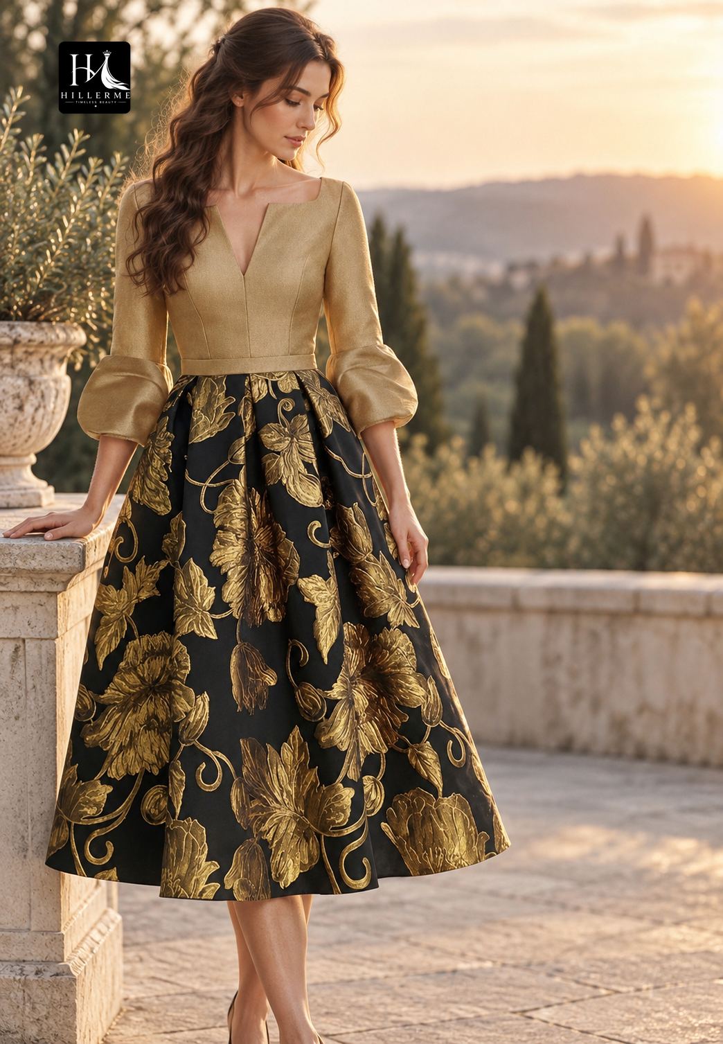 Tea-Length A-Line Mother of the Bride Dress with V-Neck and 3/4 Sleeves in Two-Tone Jacquard Satin