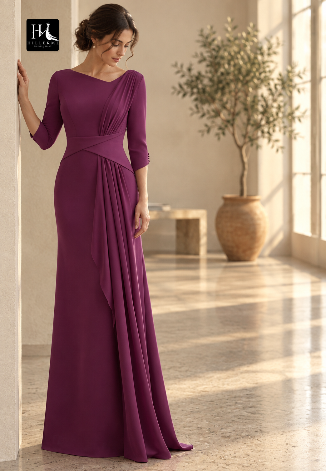 Asymmetrical-Neck 3/4-Sleeve Floor-Length Chiffon Pleated Fitted Mother of the Bride Dress