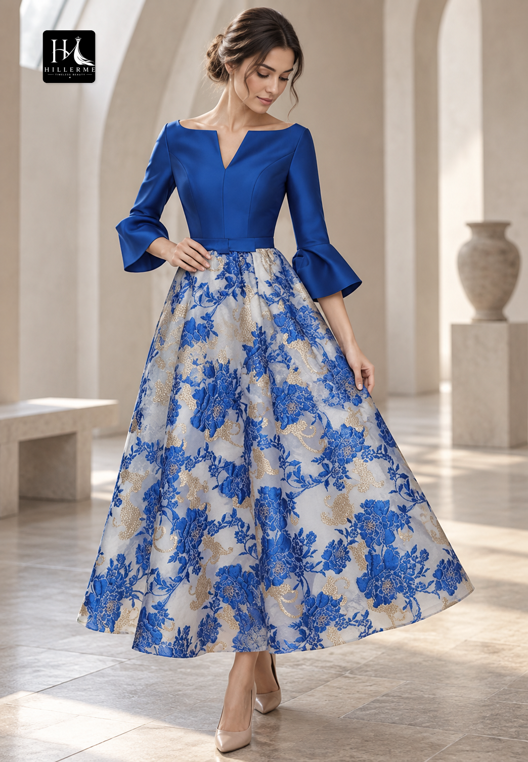 V-Neck Long-Sleeve A-Line Evening Gown with Rhinestone-Adorned Jacquard Satin for Mother of the Bride