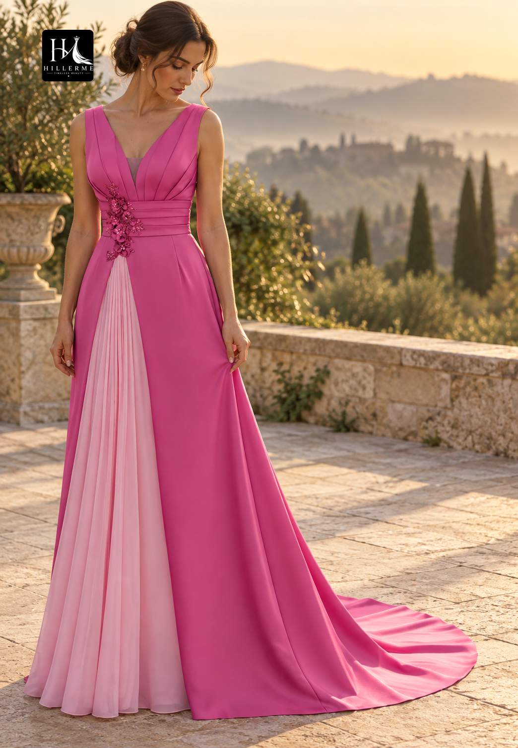 Sleek Floor-Length A-Line Gown with Deep V-Neck and Sequined Satin-Chiffon Blend for Mother of the Bride