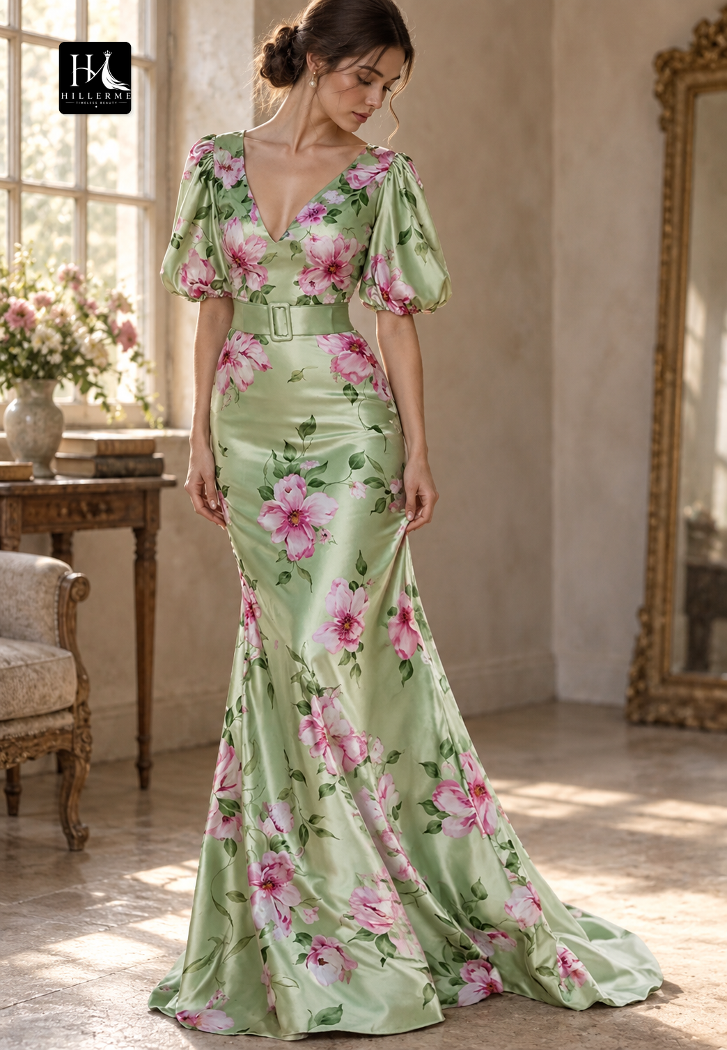 V-Neck Short Sleeve Mermaid Floor-Length Mother of the Bride Gown in Print Satin