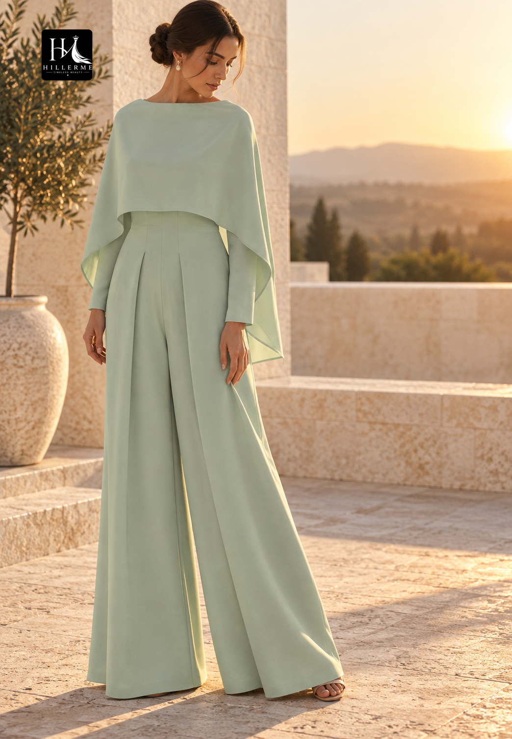 Strapless Long-Sleeve Chiffon Jumpsuit with Pleated Overlay for Mother of the Bride