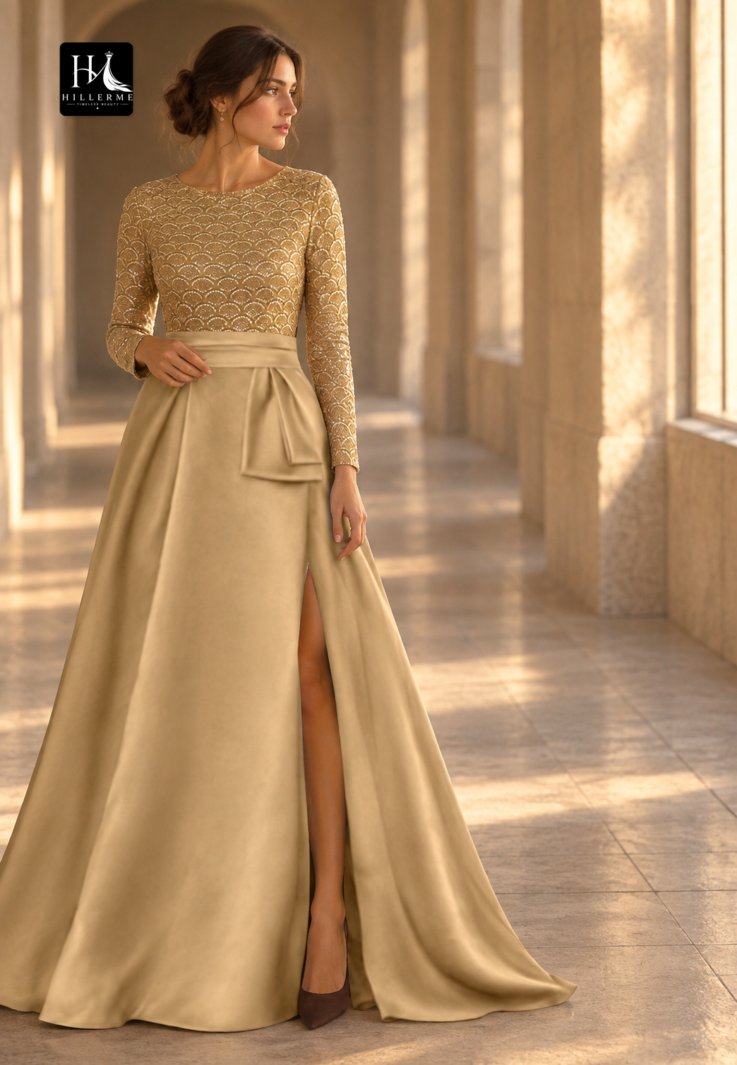 Scoop-Neck Long-Sleeve A-Line Evening Gown with Beaded Sequin Detailing for Mother of the Bride