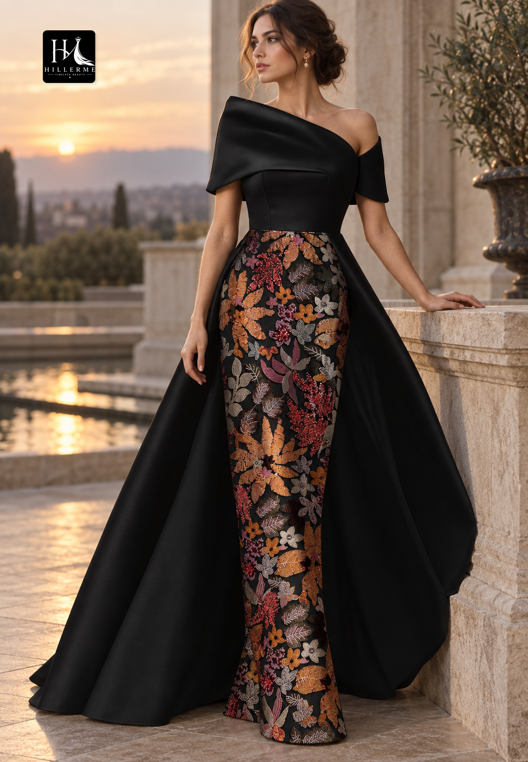 Sequined Floral Satin Mermaid Evening Gown with Off-Shoulder Asymmetrical Neckline for Mother of the Bride