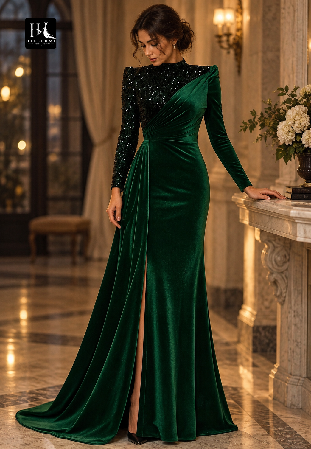 High-Neck Sequined Velvet Mermaid Evening Gown with Pleated Long Sleeves for Mother of the Bride