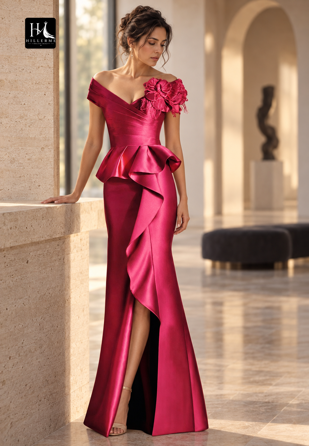 V-Neck Sleeveless Mermaid Dress with Floral Embellishments, Pleated Design, and High Slit for Mother of the Bride