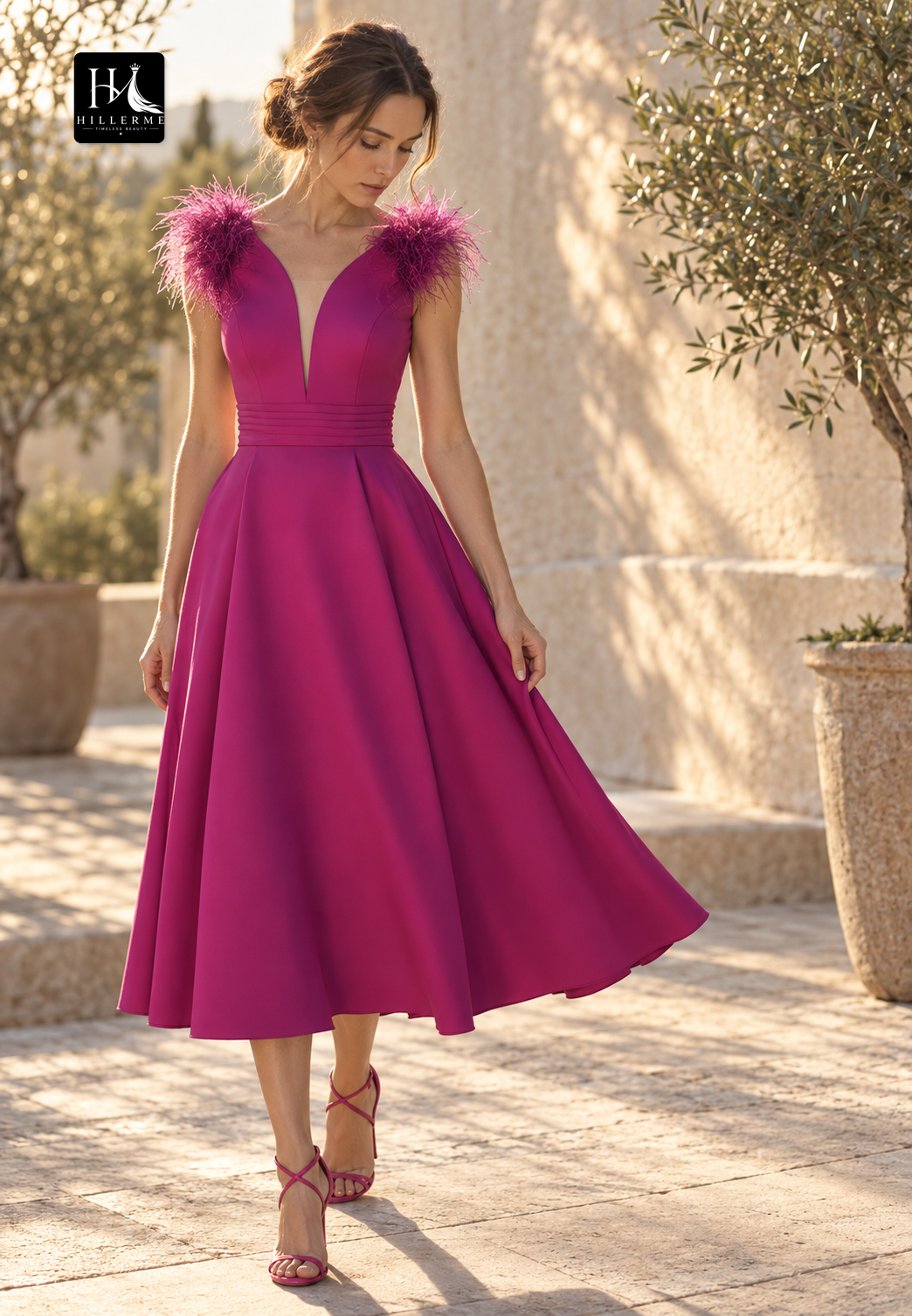 Sleeveless Off-Shoulder A-Line Mother of the Bride Dress with Deep V-Neck and Tea-Length Silhouette