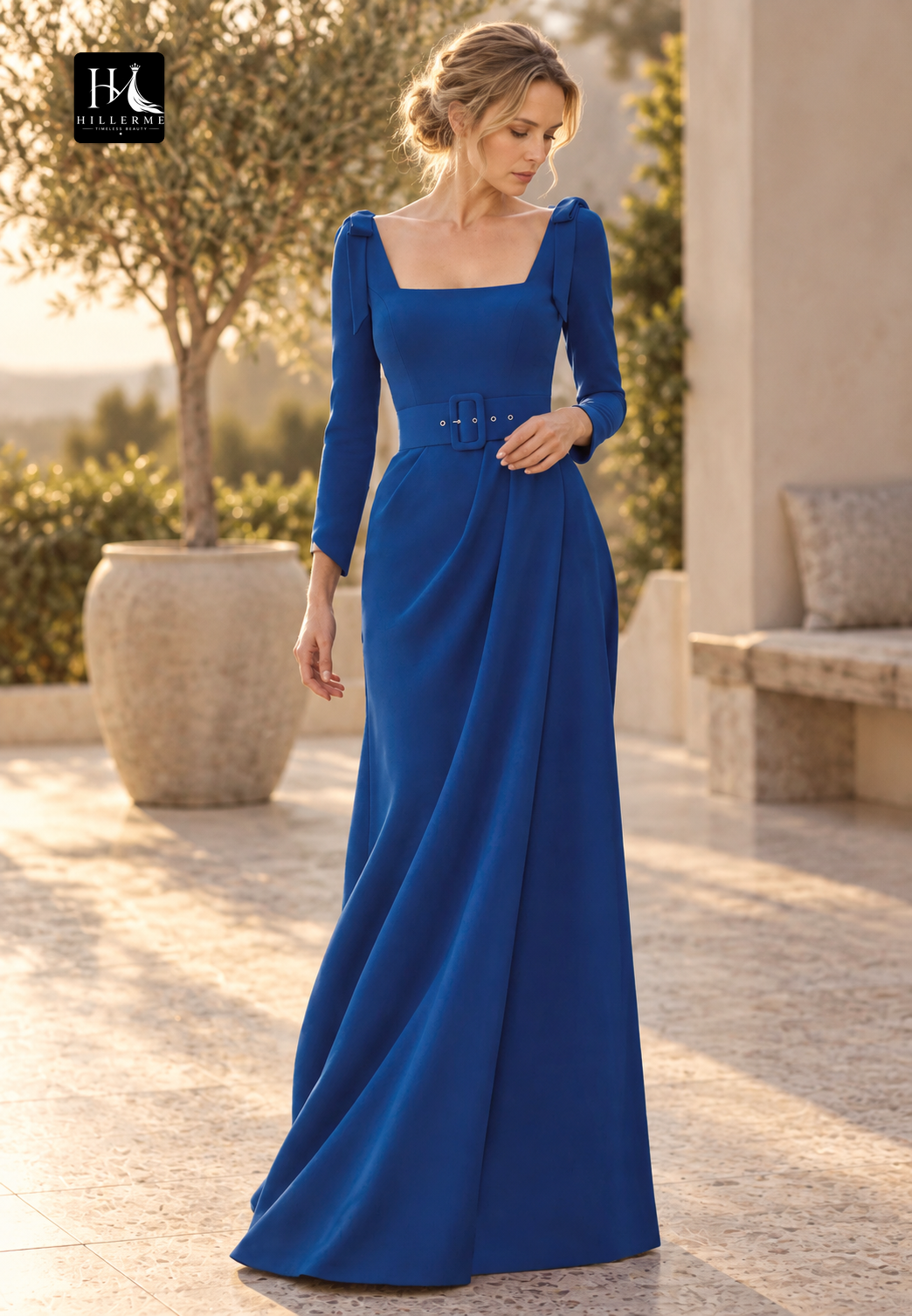 Square-Neck Long-Sleeve Pleated Floor-Length Satin Fitted Mother of the Bride Dress