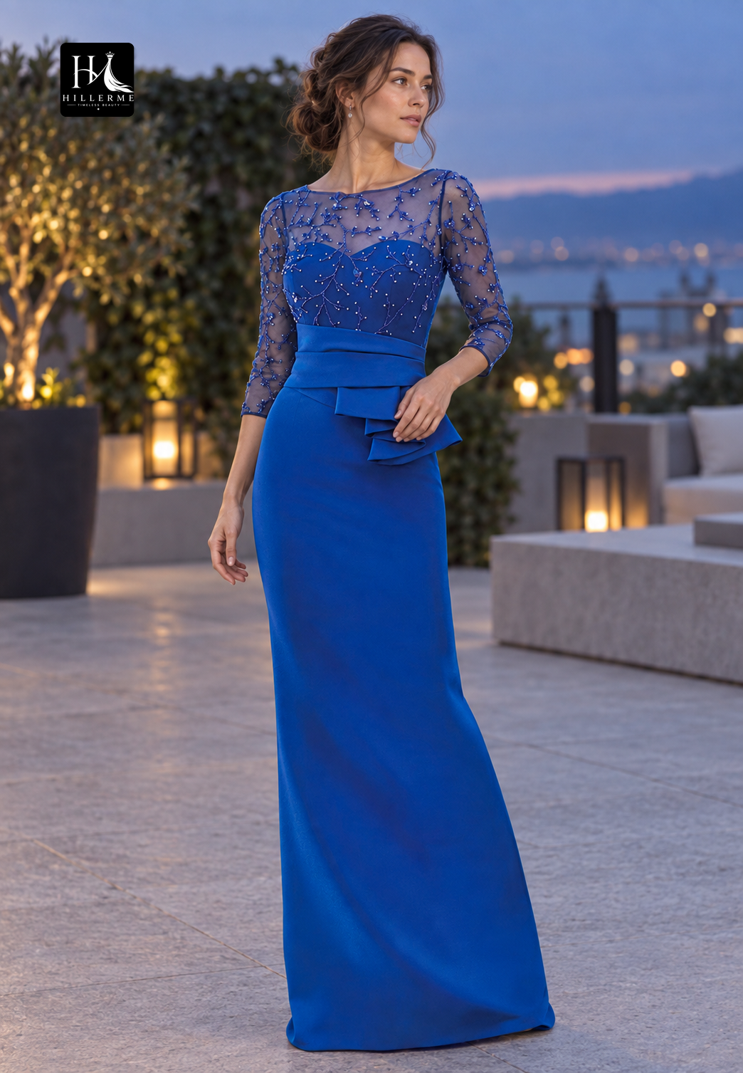 Scoop-Neck 3/4 Sleeves Beaded Mermaid Floor-Length Mother of the Bride Dress with Pleated Detailing