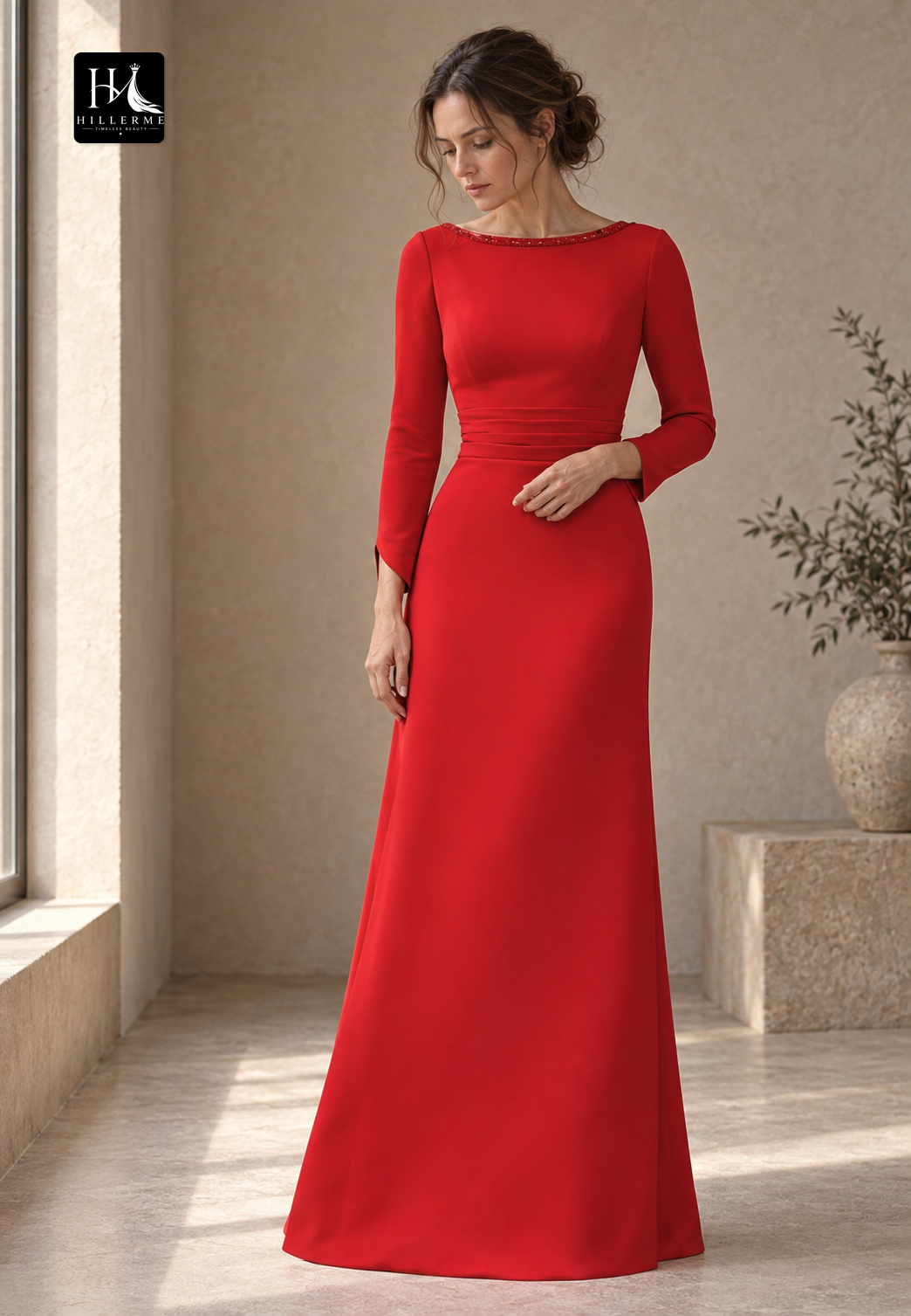 Scoop-Neck Long-Sleeve Mermaid Cocktail Gown with Pleated Floor-Length Design for Mother of the Bride