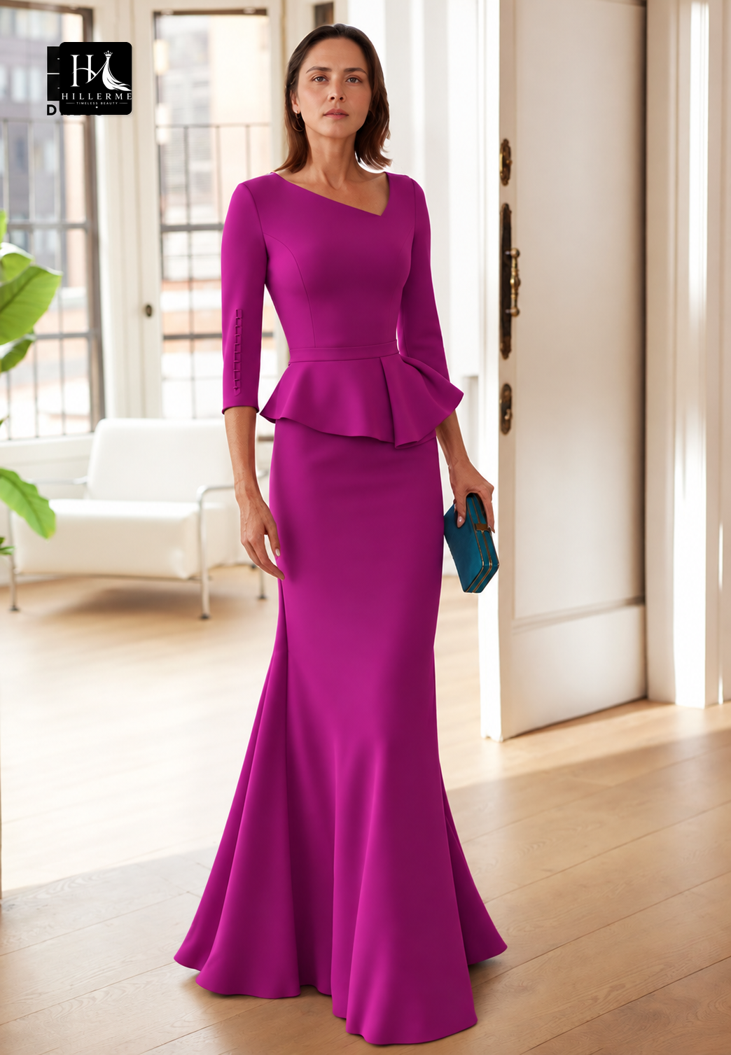 Asymmetrical V-Neck Mermaid Cocktail Gown with 3/4 Sleeves in Pleated Satin for Mother of the Bride