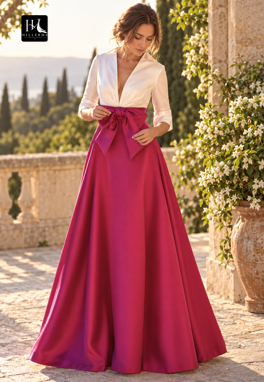 Pleated Two-Tone Satin A-Line Cocktail Dress with Half-Sleeves and Deep V-Neck for Mother of the Bride