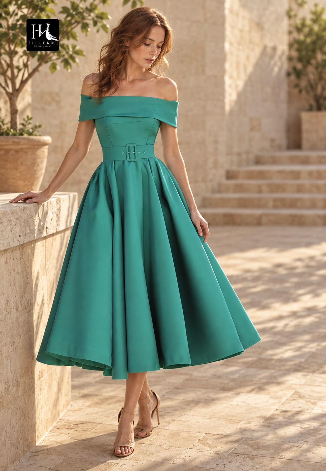 Sleeveless Off-Shoulder A-Line Mother of the Bride Dress with Pleated Tea-Length Hemline