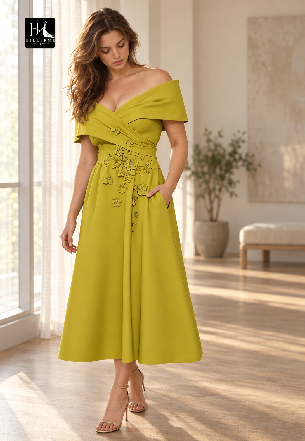V-Neck Sleeveless Tea-Length Mermaid Mother of the Bride Dress with Floral Embellishments