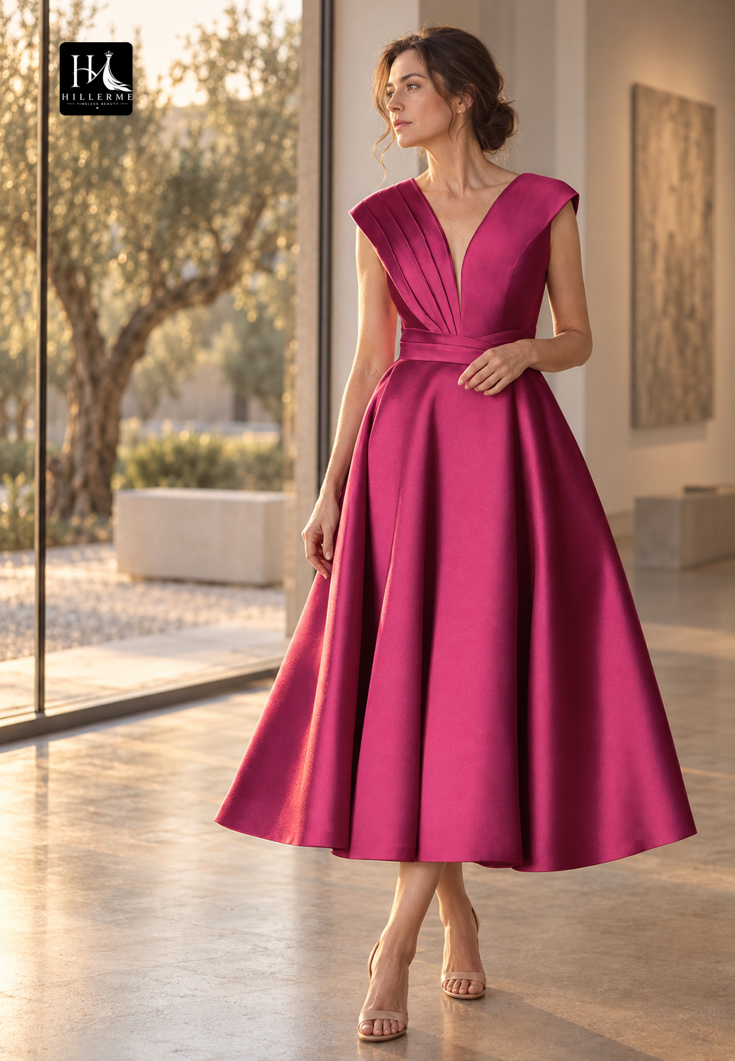 Tea-Length A-Line Satin Mother of the Bride Dress with Deep V-Neck and Pleated Ruching
