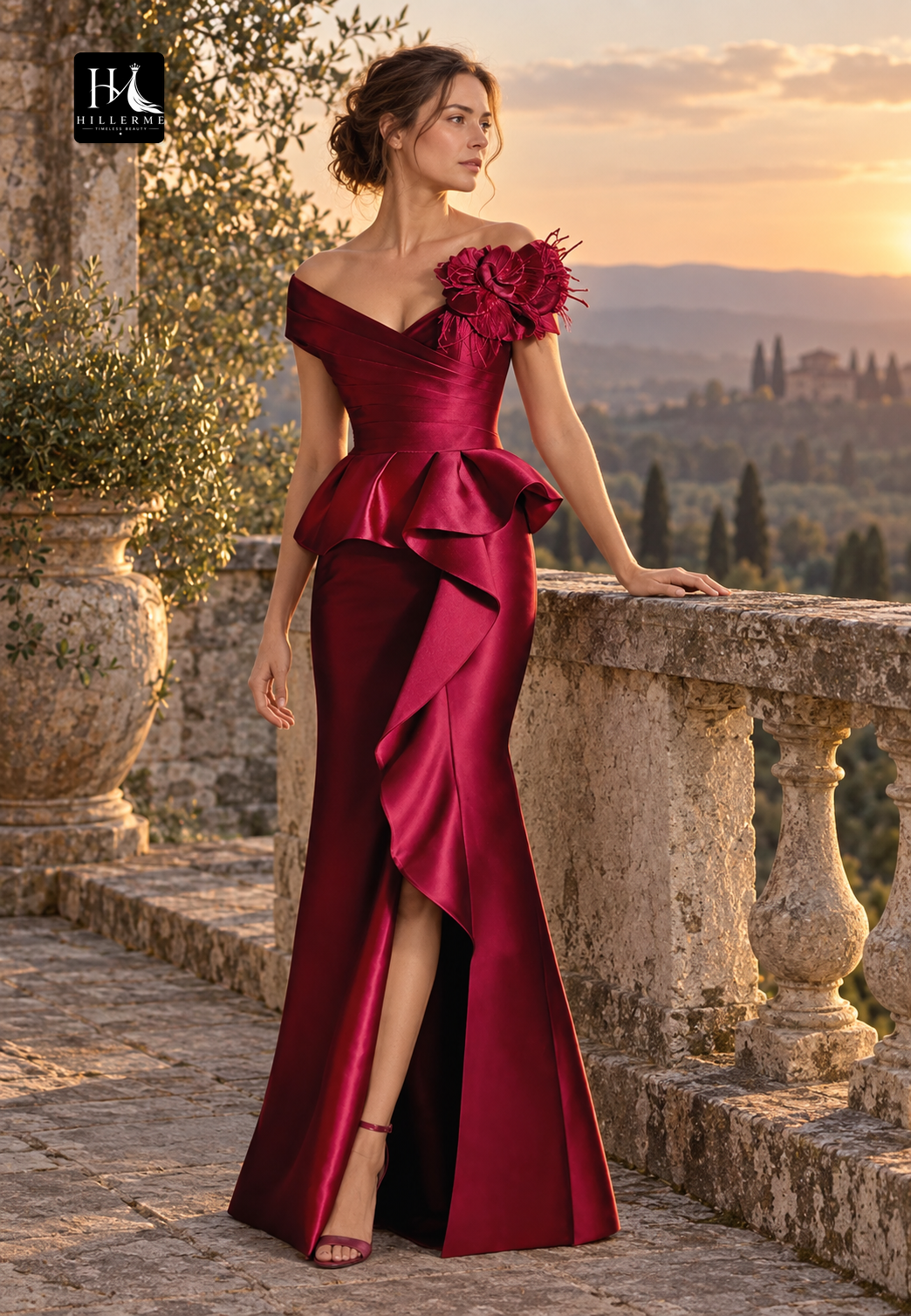 Floral Embellished Satin Mermaid Mother of the Bride Dress with V-Neck and Off-Shoulder Design