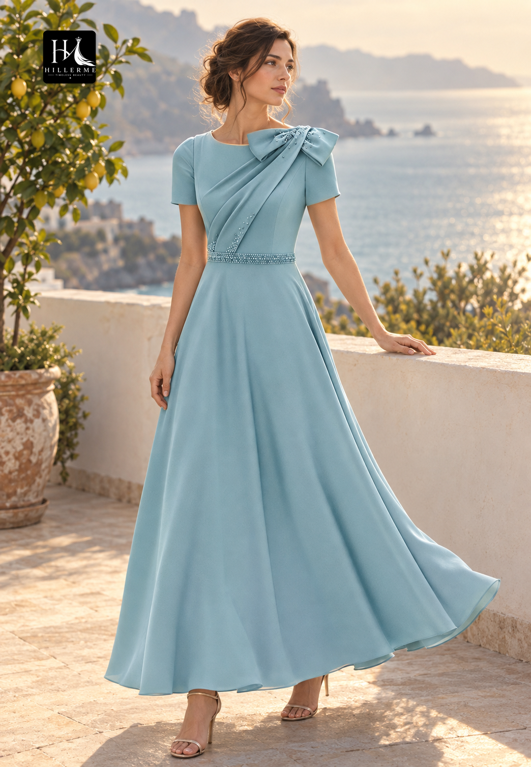 Strapless Scoop-Neck A-Line Cocktail Gown with Beaded Pleats for Mother of the Bride