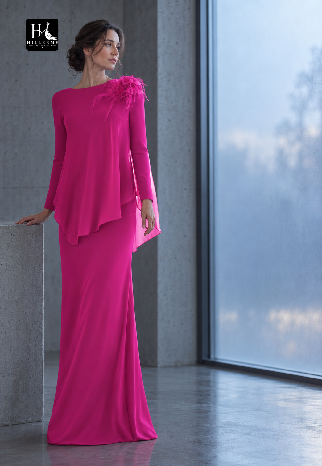 Strapless Scoop-Neck Long-Sleeve Floor-Length Chiffon Cocktail Gown for Mother of the Bride