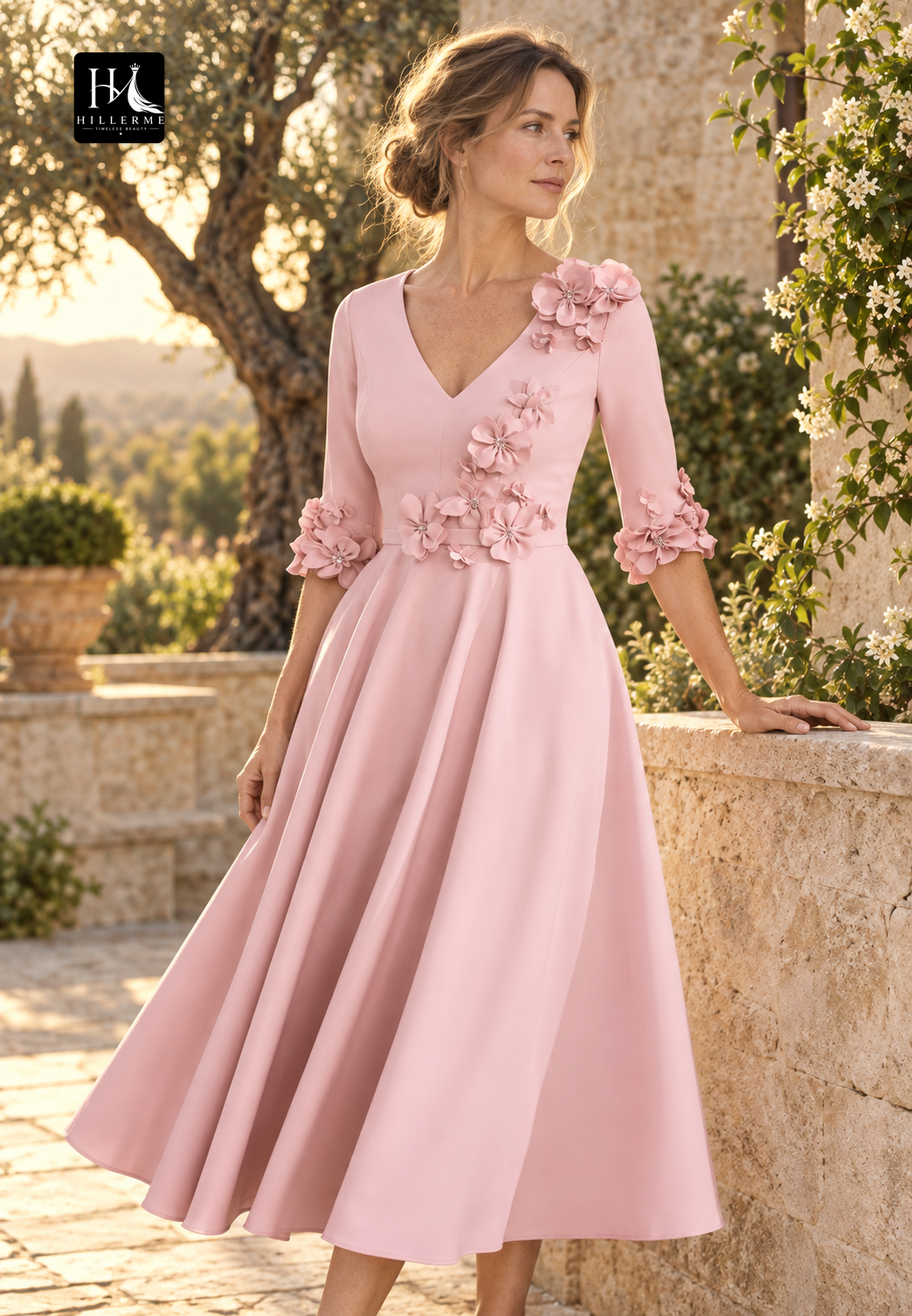 V-Neck Half-Sleeve A-Line Midi Cocktail Dress with Floral Embellishments for Mother of the Bride