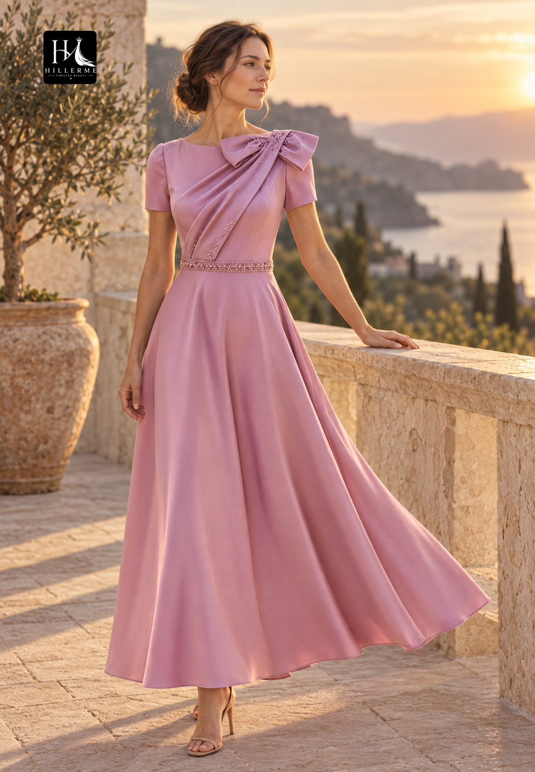 Satin A-Line Mother of the Bride Dress with Beaded Pleats and Scoop Neck