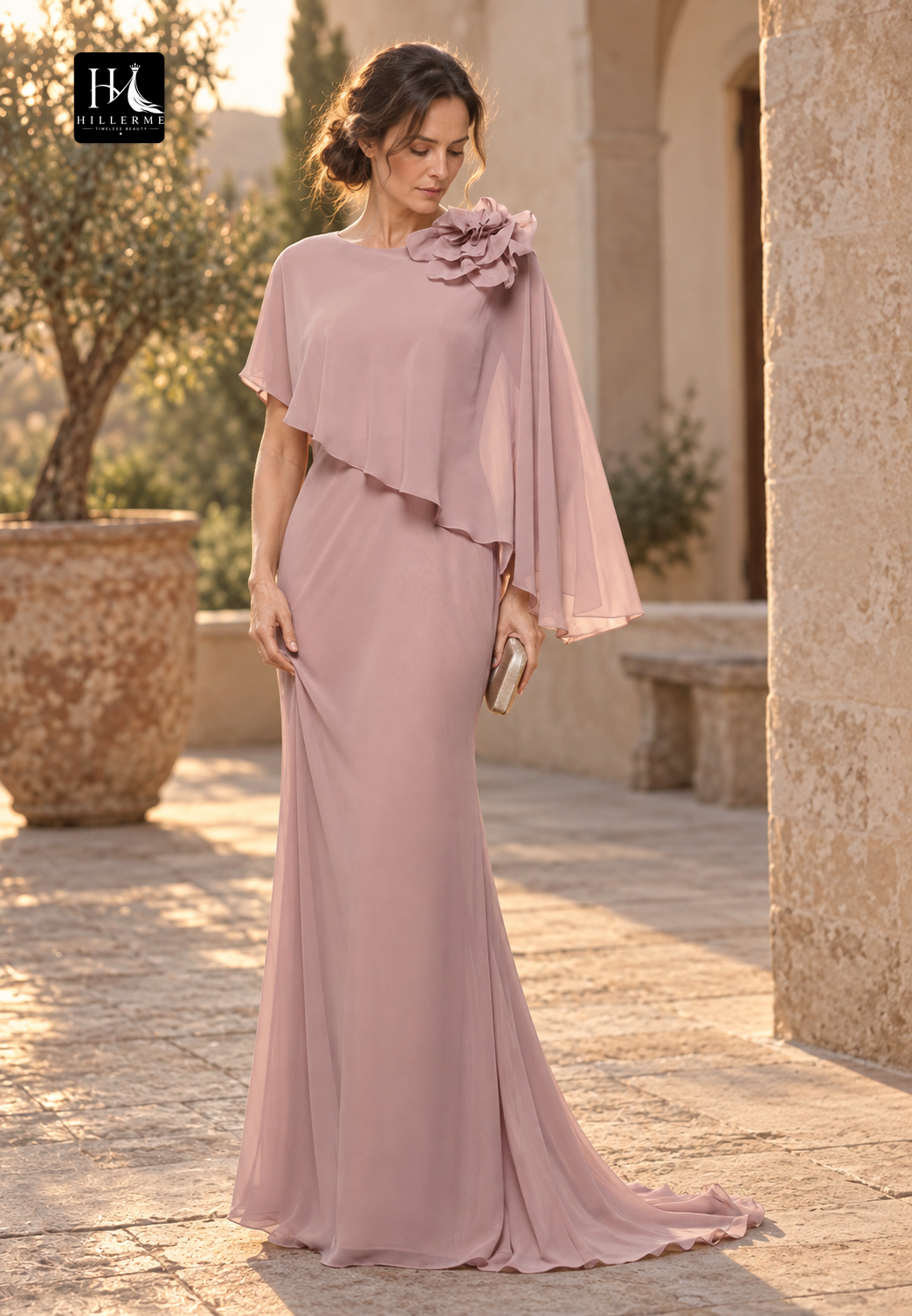 Sleeveless Mermaid Mother of the Bride Dress with Scoop-Neck and Pleated Chiffon Overlay