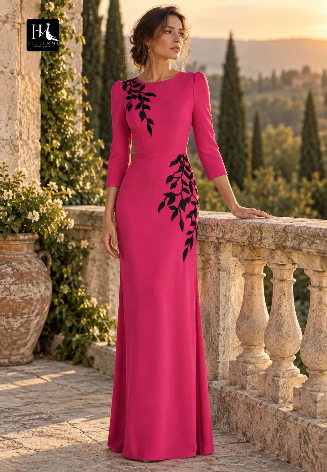 Strapless Scoop-Neck 3/4 Sleeve Mermaid Gown with Foliage Applique for Mother of the Bride