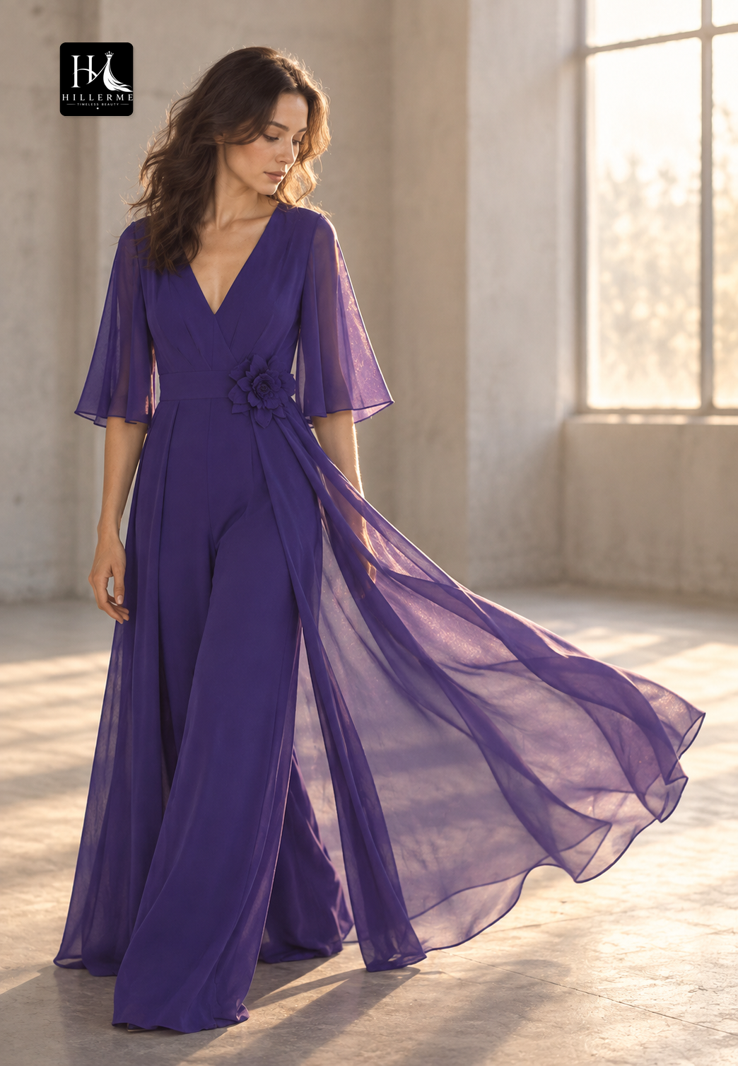 V-Neck Half-Sleeve A-Line Mother of the Bride Gown with Pleated Tulle and Sweep Train
